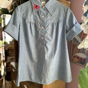 70’s Chambray Tunic Painters Smock with Embroidered Collar